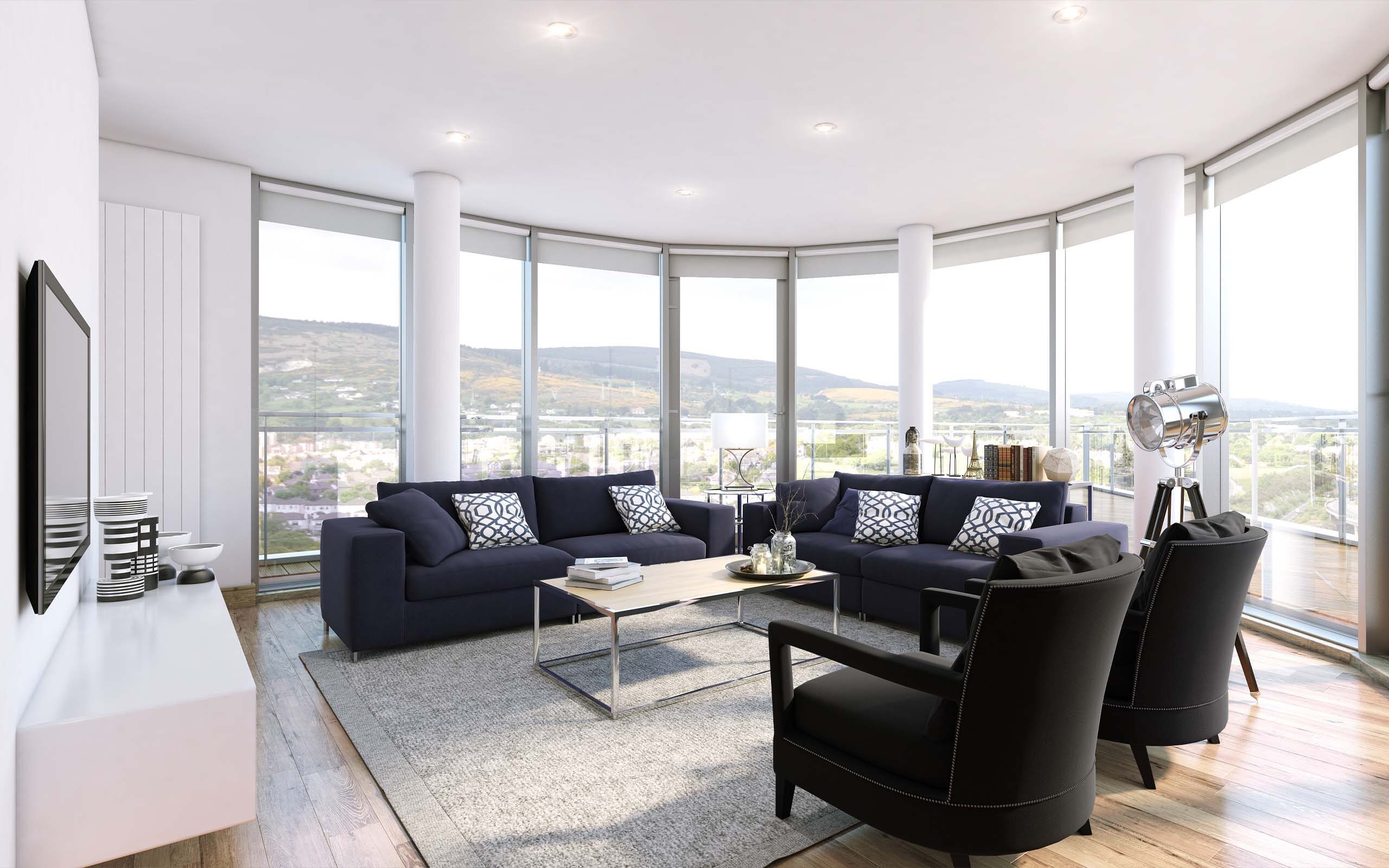 Interior render of a living room in a luxury apartment development.
