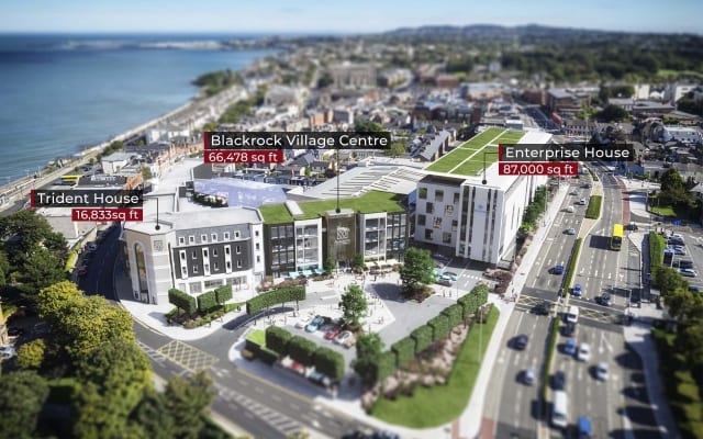 Aerial CGI of Blackrock office and residential developments, Frascati Road.