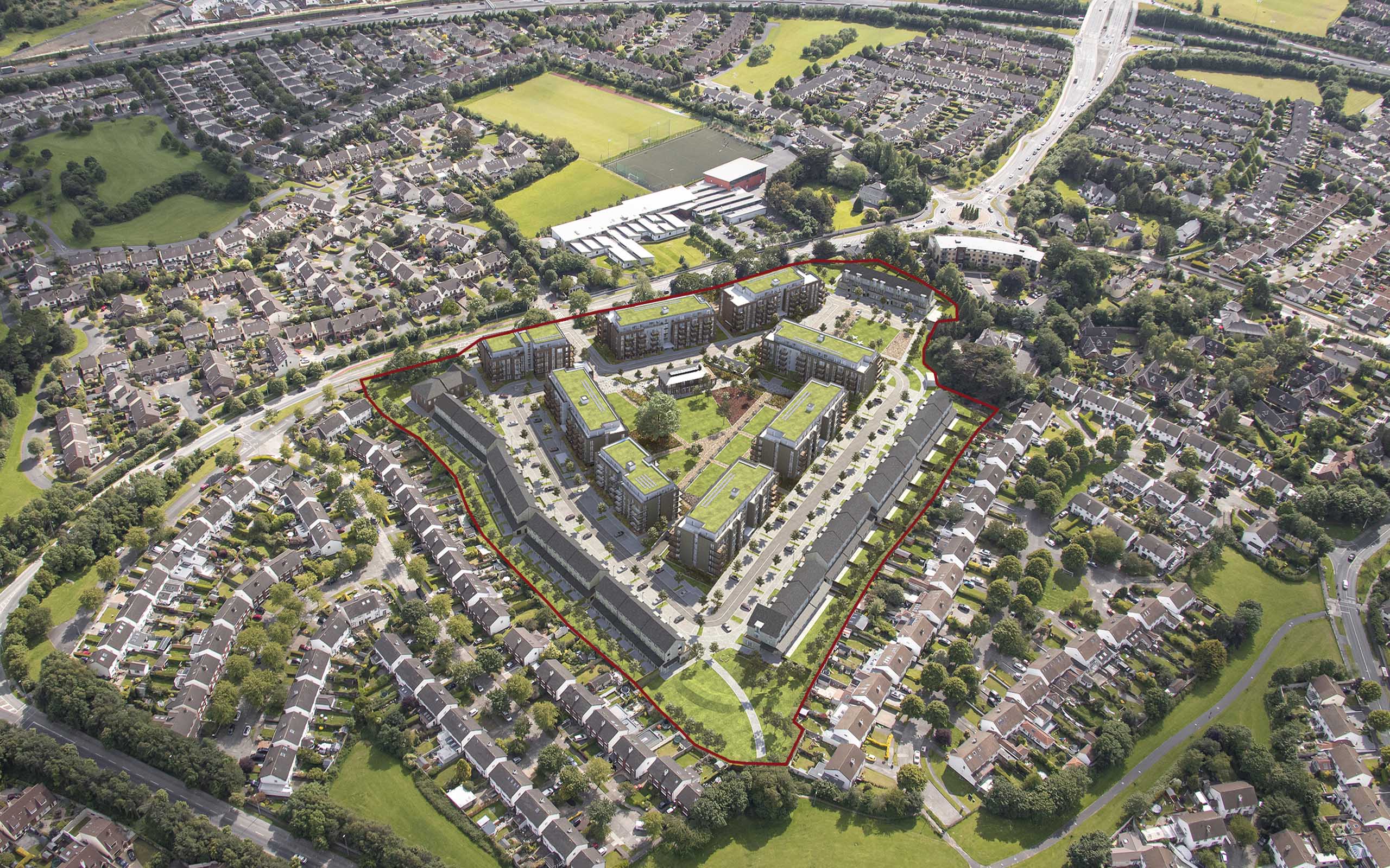 Aerial CGI of Scholarstown Road SHD - Knocklyon