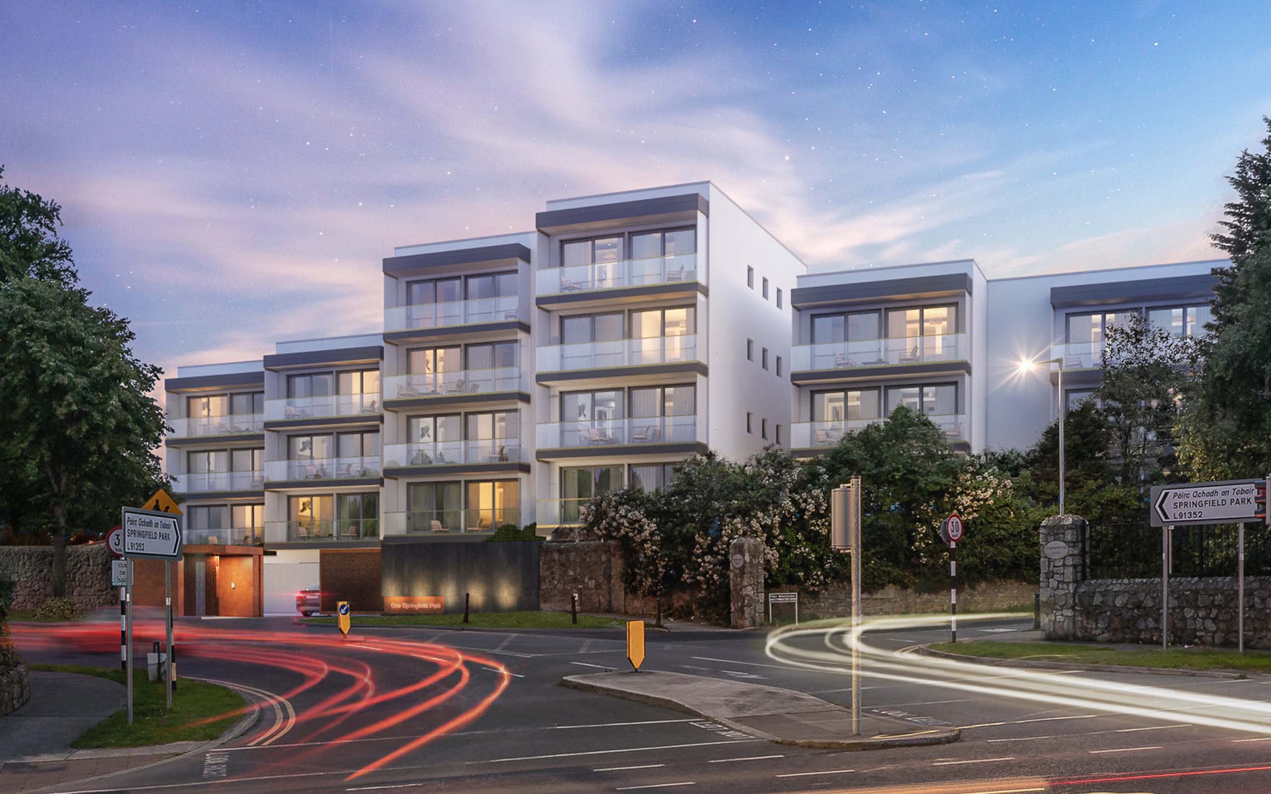 Architectural CGI of luxury apartments at Pine Avenue and Springfield Park, Foxrock, South Dublin.