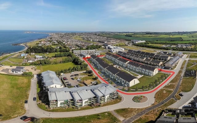 Aerial CGI of Architectural CGI of Apartments in Barnageeragh Cove in Skerries, North County Dublin.