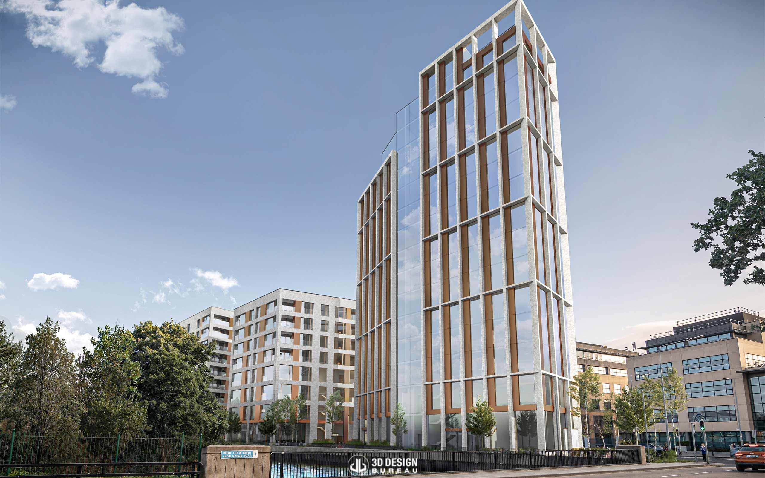 Architectural CGI of East Wall Road new 15-storey hotel, office, and 88 apartments.
