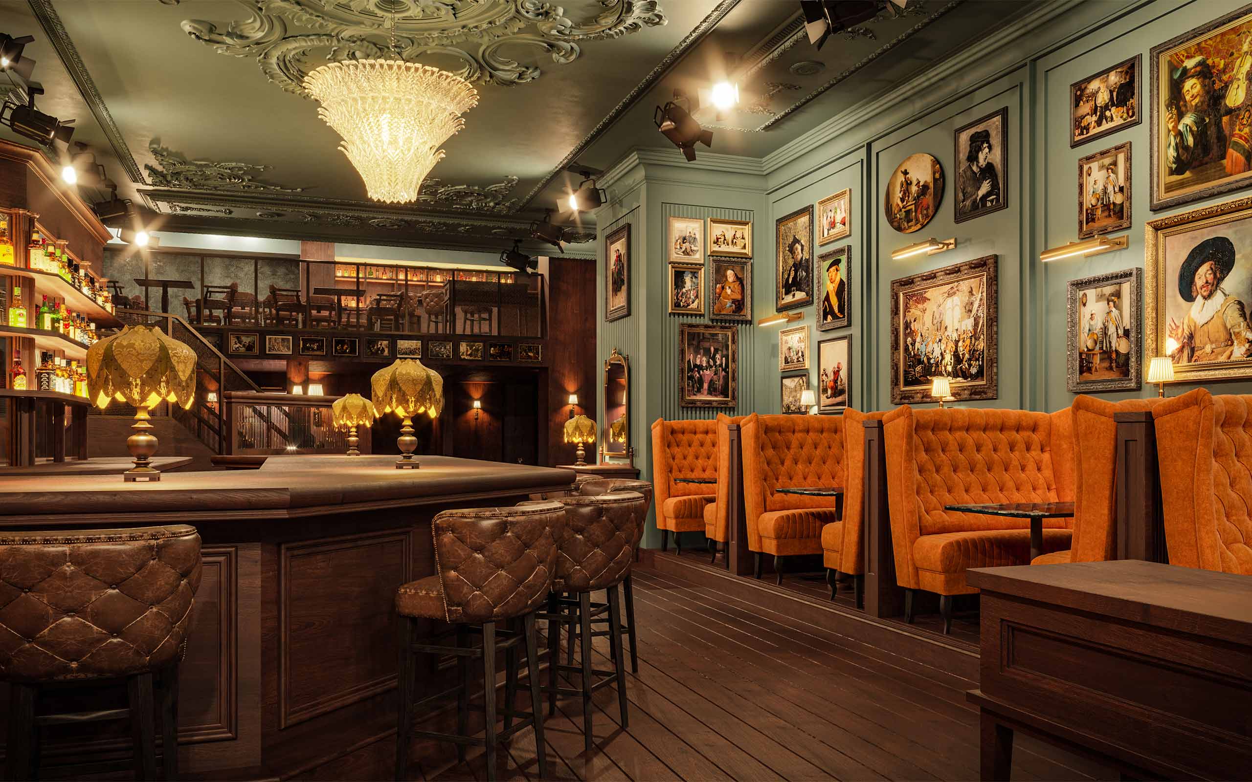 Interior CGI of The Parlour Room Whiskey Bar in New York City.
