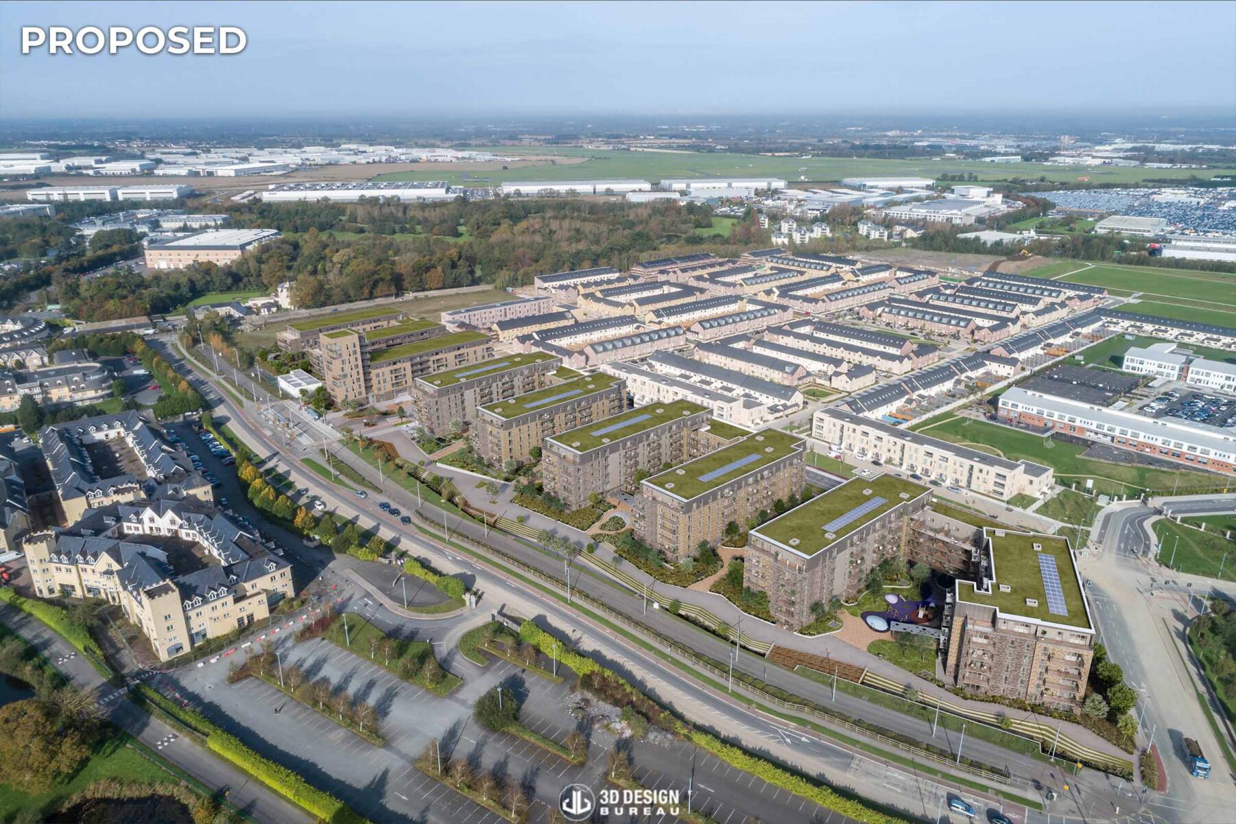 Aerial proposed state Verified View montage of the approved development in City West, Saggart, created for a visual impact assessment