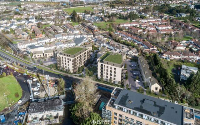 Proposed state Verified View montage of the planned development in Sandyford, created for a visual impact assessment (cropped)