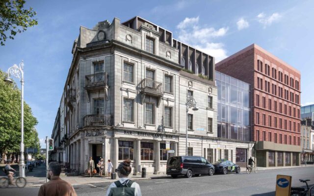 Presentation photomontage of the proposed boutique hotel at the former Ulster Bank on Baggot Street Lower, Dublin