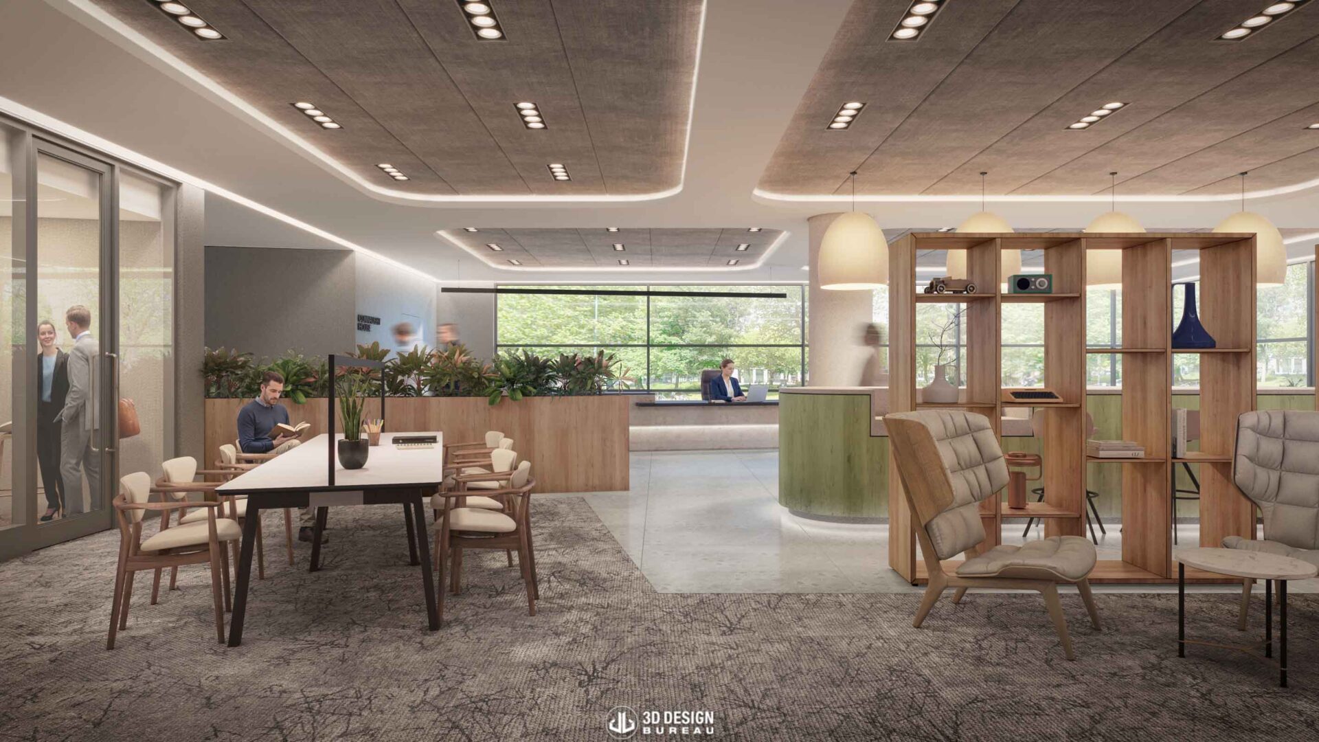 Computer generated imagery of Connaught House Dublin reception with people