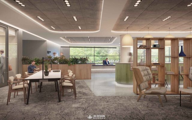 Computer generated imagery of Connaught House Dublin reception with people