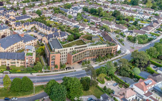 Proposed state aerial photomontage of approved student accommodation on goatstown road, Dublin
