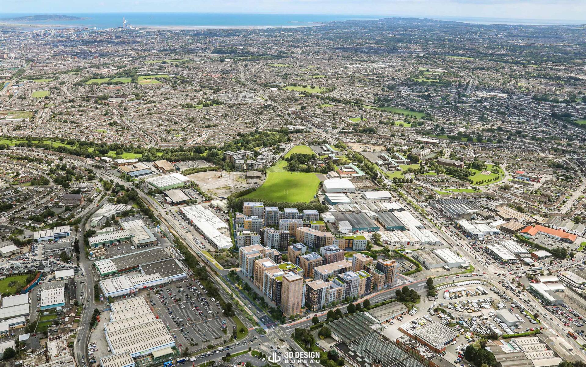 Aerial computer generated imagery of the large scale residential development in Dublin