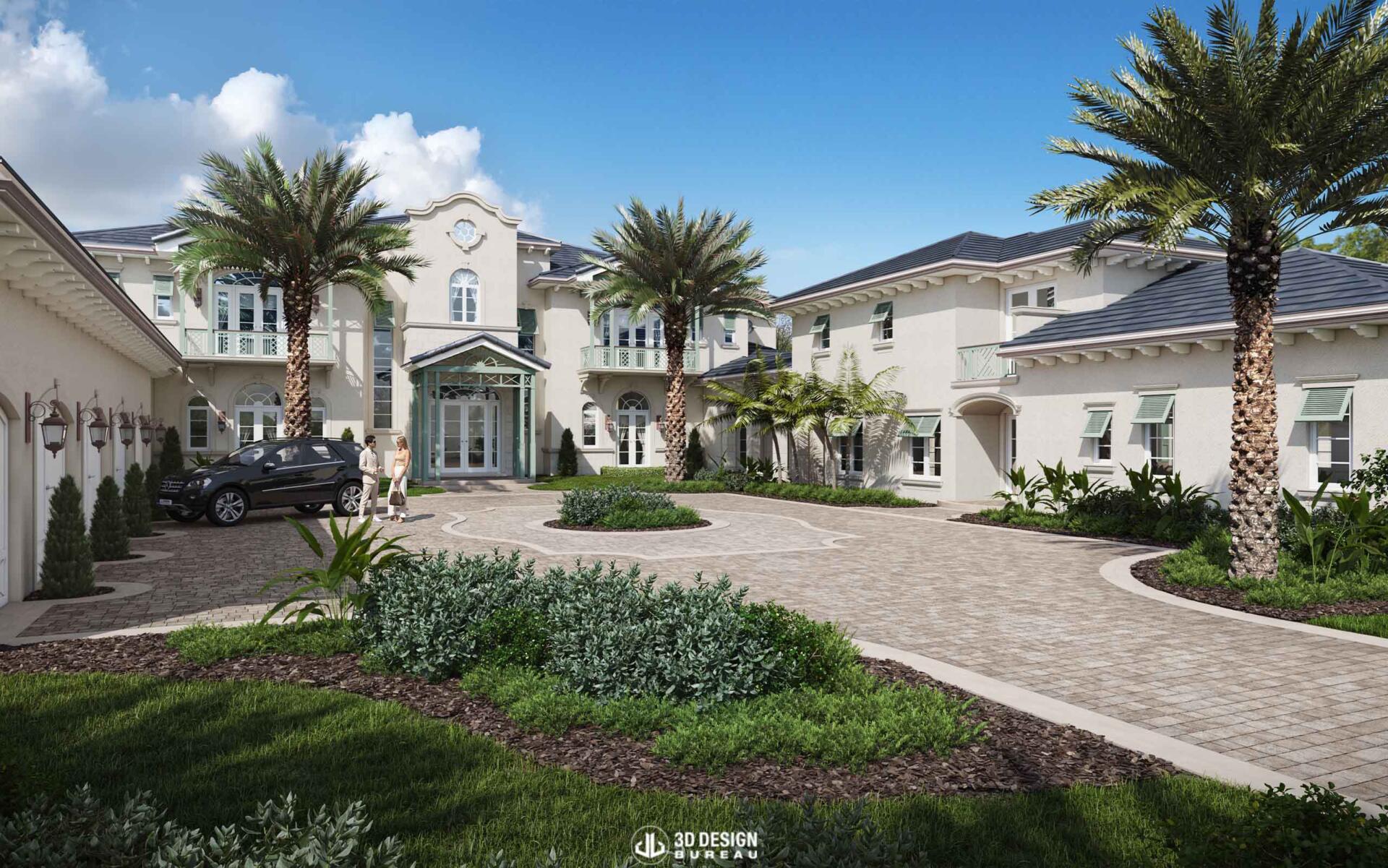 Updated frontal view computer-generated image of the Vero Beach mansion, created in 2023