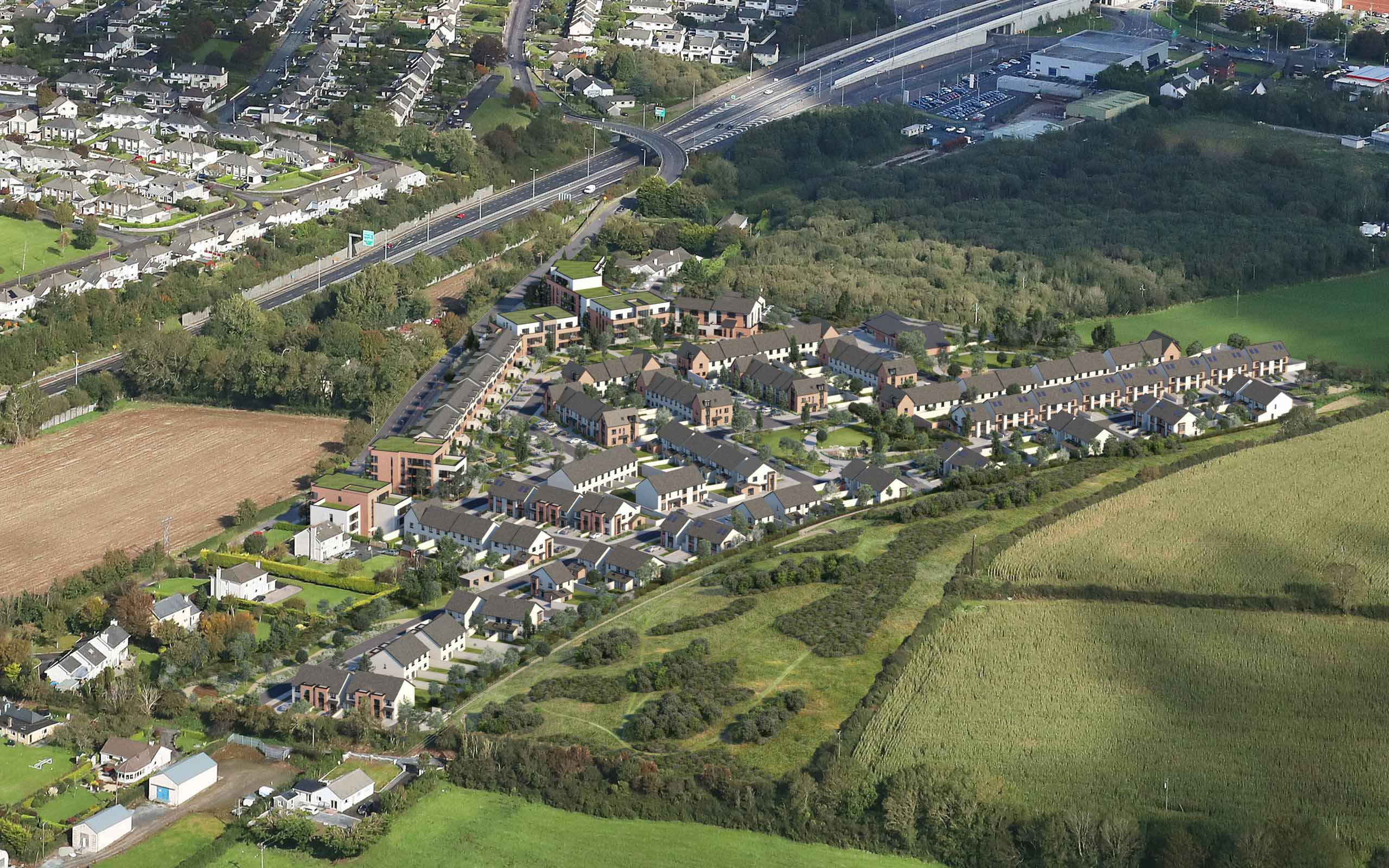 Aerial CGI Montage of 276 new homes approved in Ardarostig, Bishopstown, Cork (proposed).