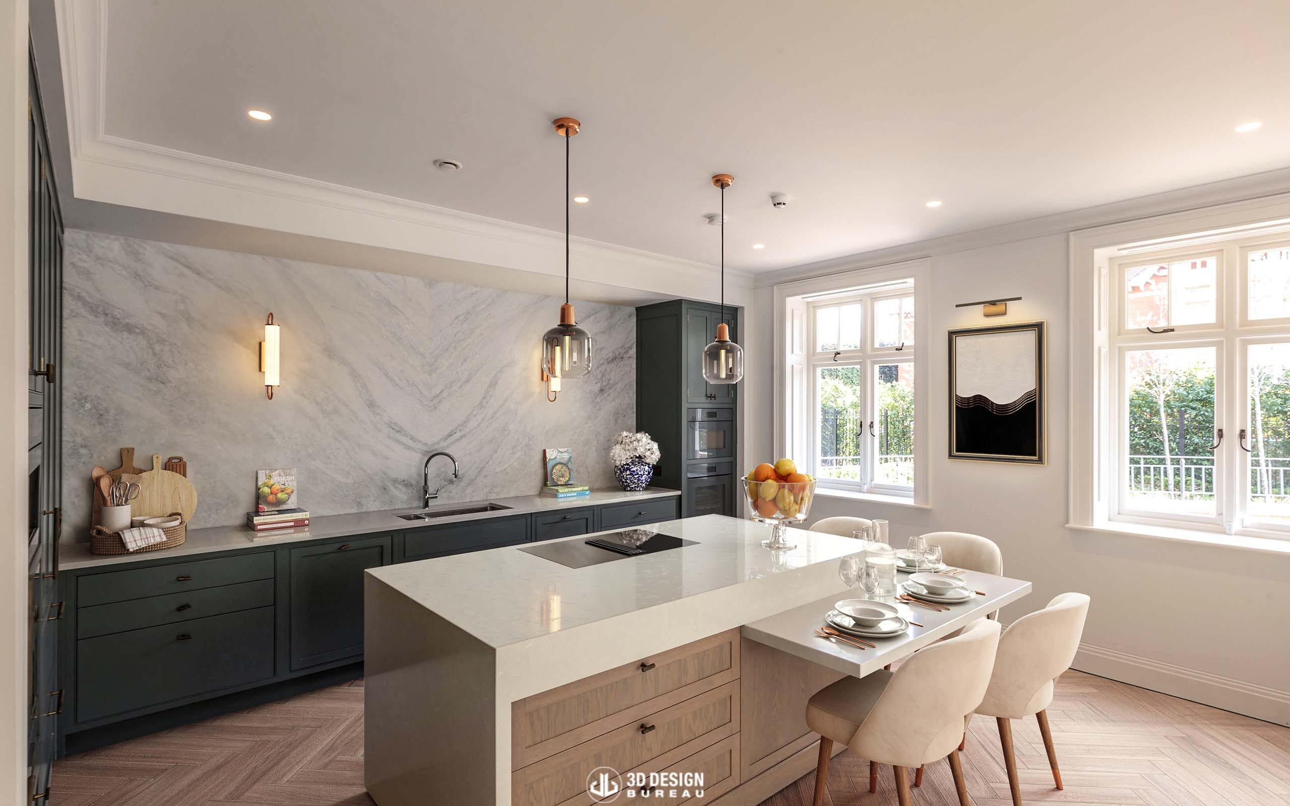 Virtual Staging of a kitchen within a luxury housing development.