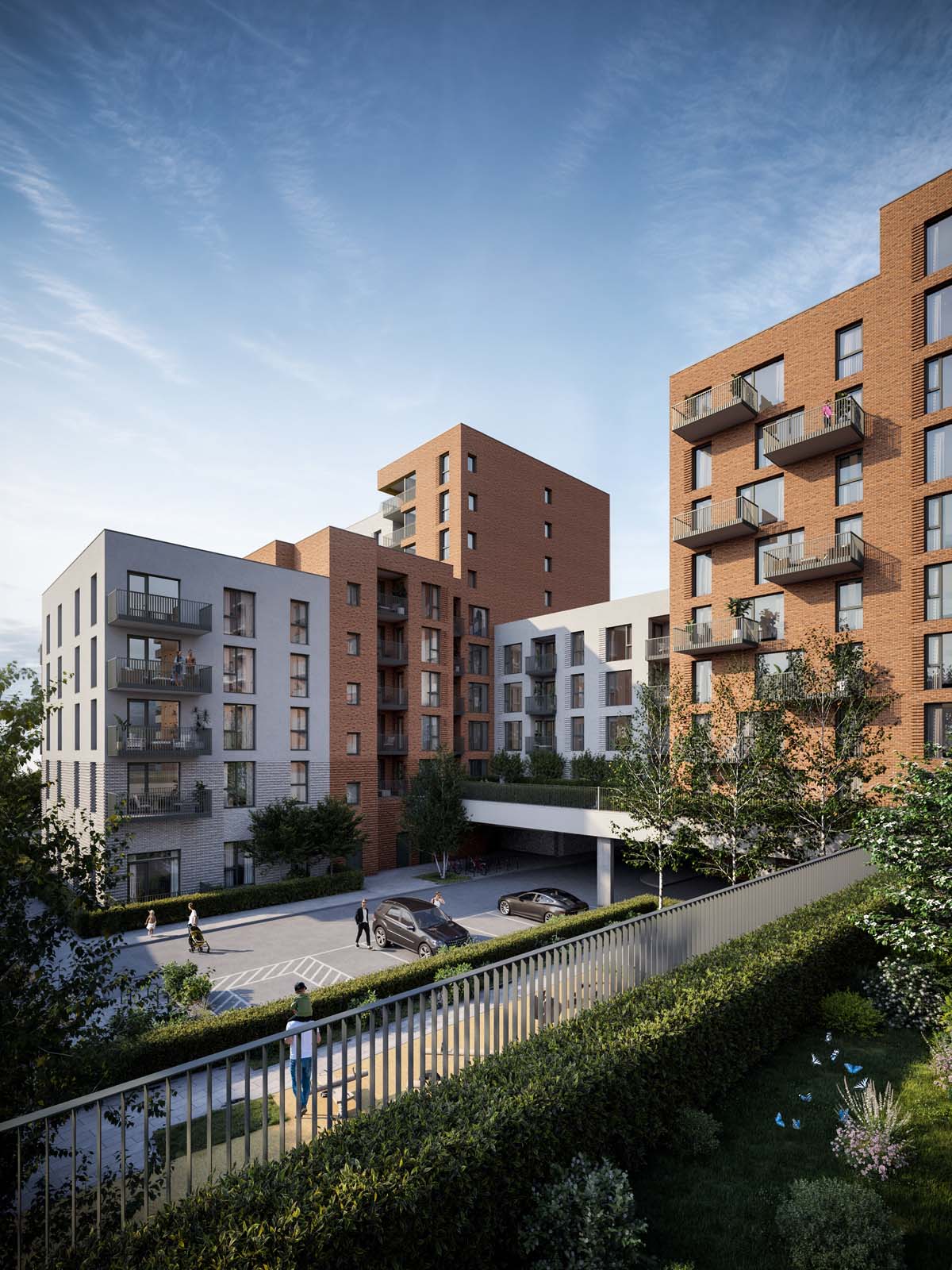 Architectural CGI of the modern apartment buildings with balconies and green space.