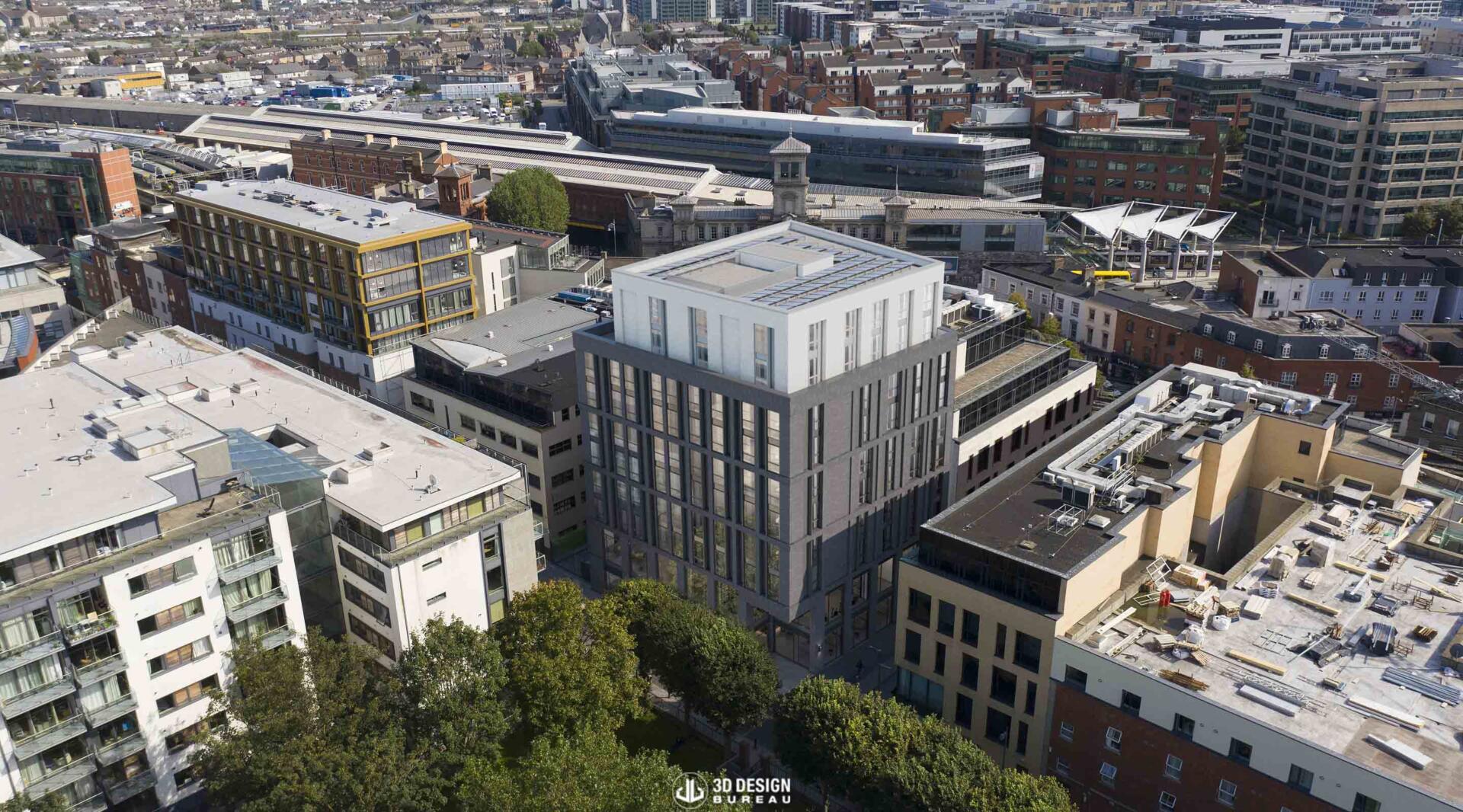 Proposed state aerial montage of the hostel development in Dublin 1