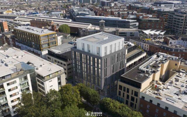 Proposed state aerial montage of the hostel development in Dublin 1