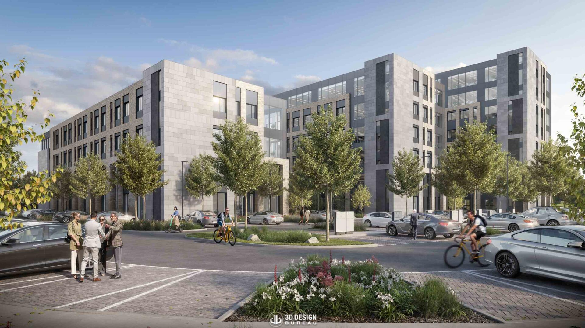 Architectural computer generated imagery of the approved office development in Galway