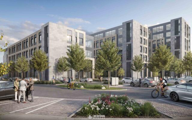 Architectural computer generated imagery of the approved office development in Galway