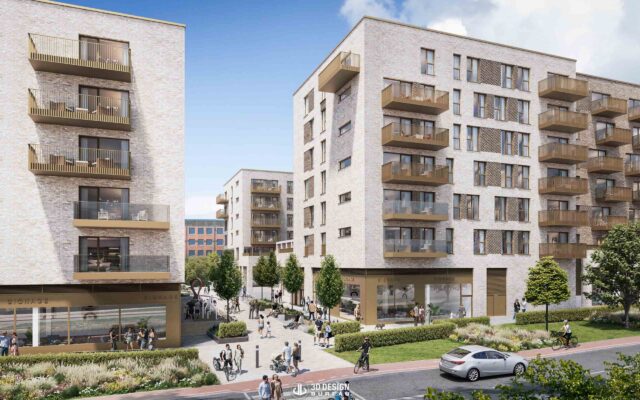 Architectural CGI of Belgard Square East mixed-use development in Tallaght, Dublin