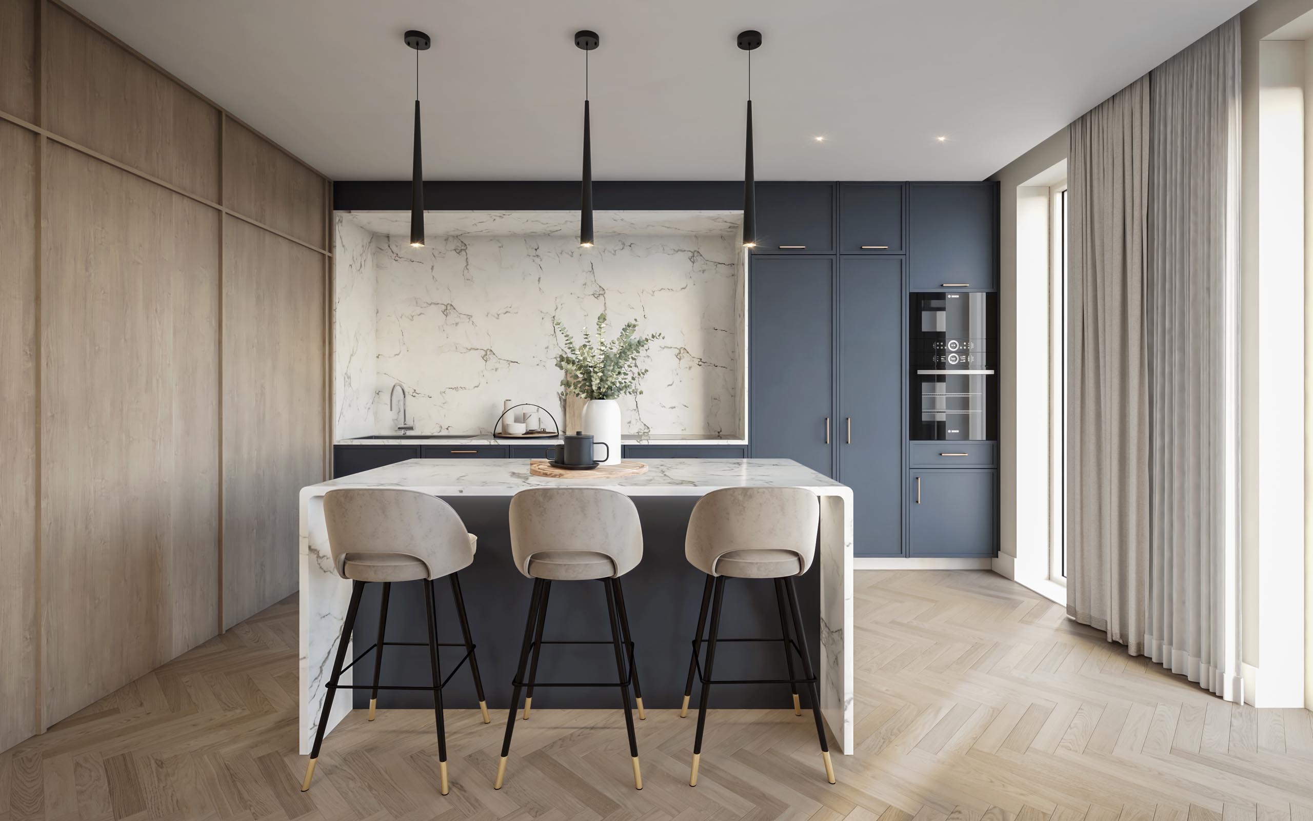 Stylish modern kitchen interior cgi with a marble island and bar stools.