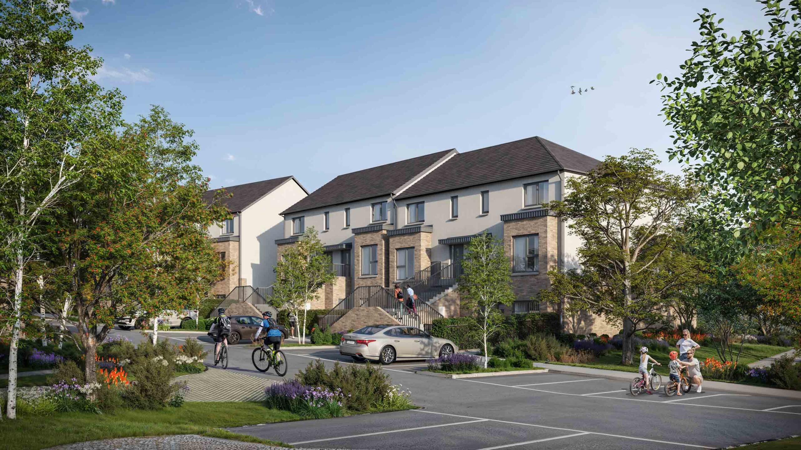 Architectural CGI of residential development with a parking lot and green trees.