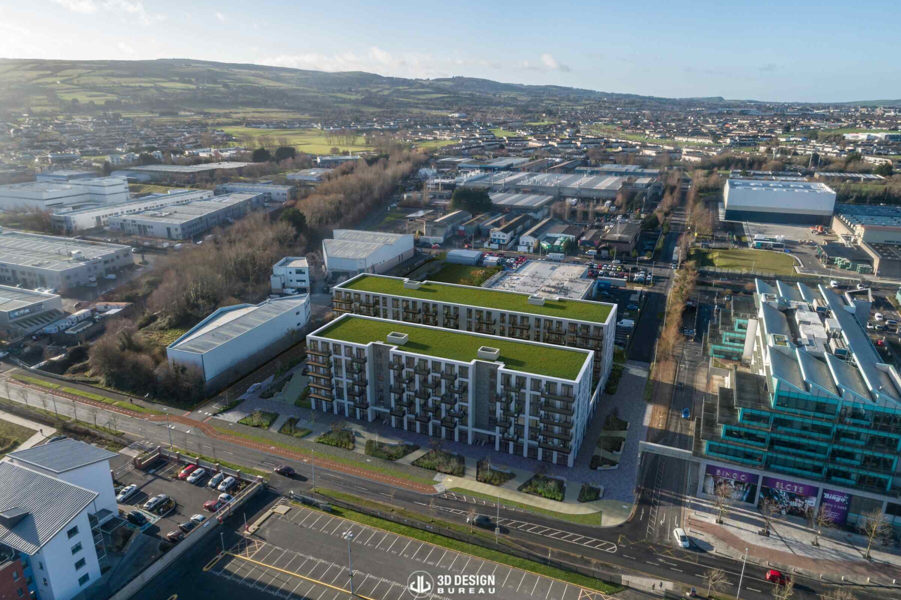 Aerial CGI of the Whitestown Way mixed-use development in Tallaght, Dublin