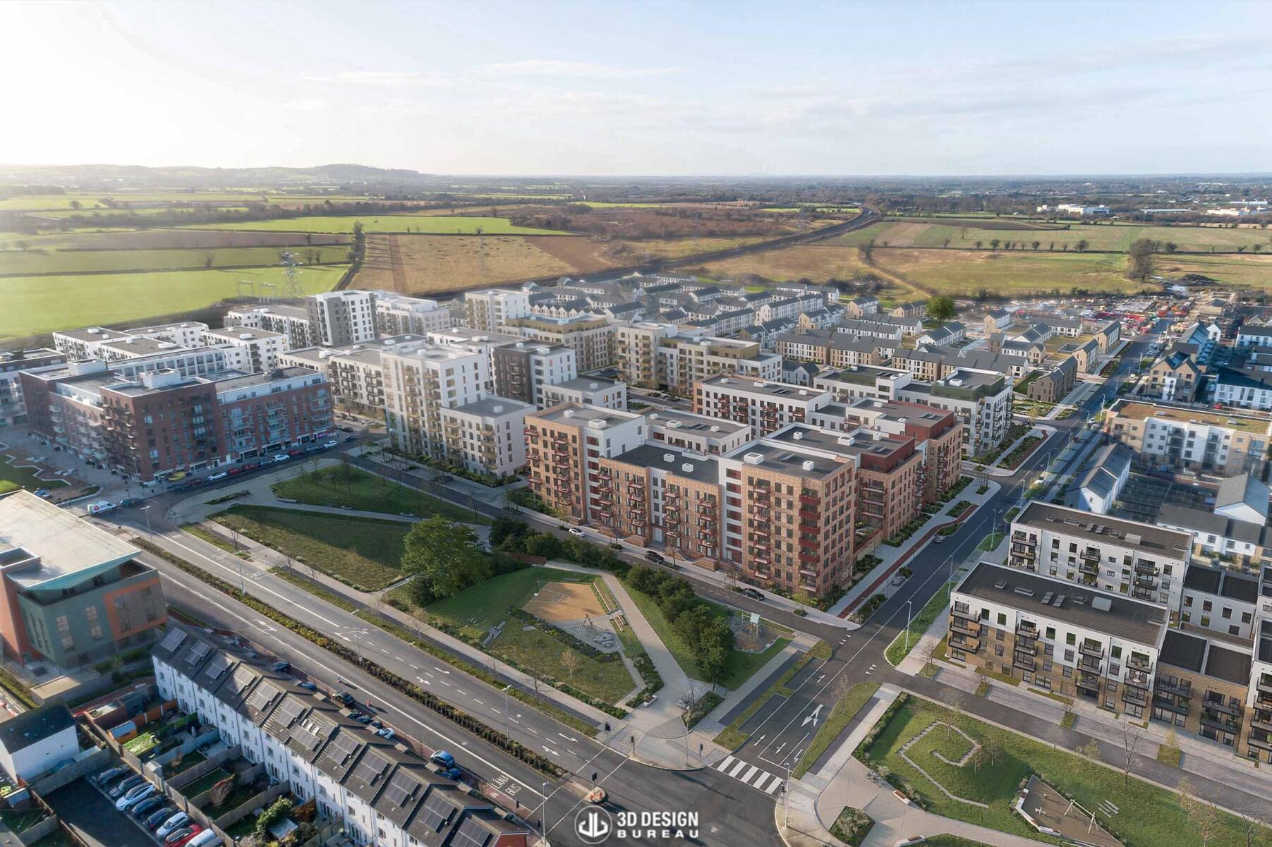 Aerial computer generated imagery of the residential scheme in Clonburris