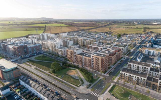Aerial computer generated imagery of the residential scheme in Clonburris